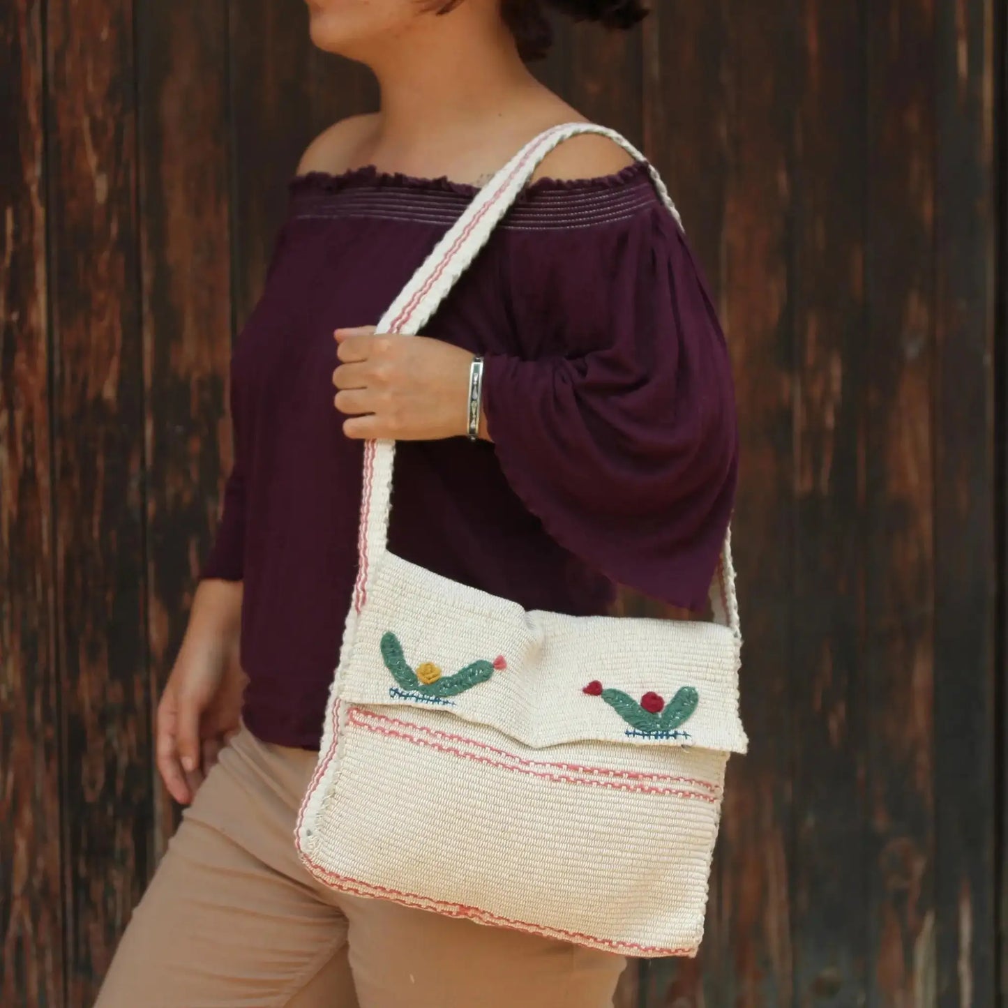 Handwoven Ecru Wool Shoulder Bag
