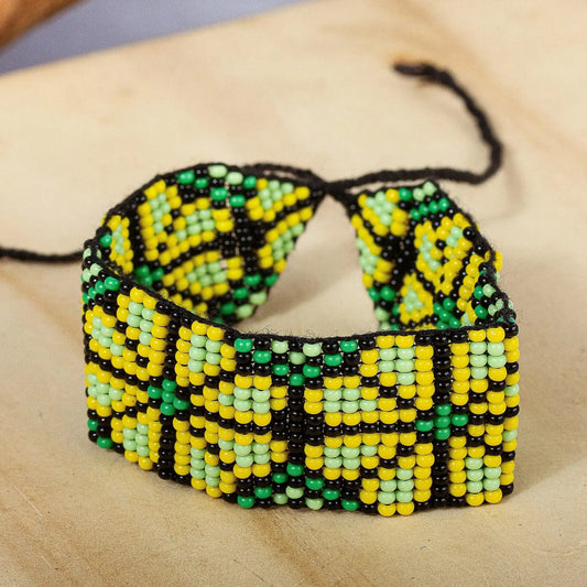 Huichol Beaded Floral Bracelet - yellow - Jewelry