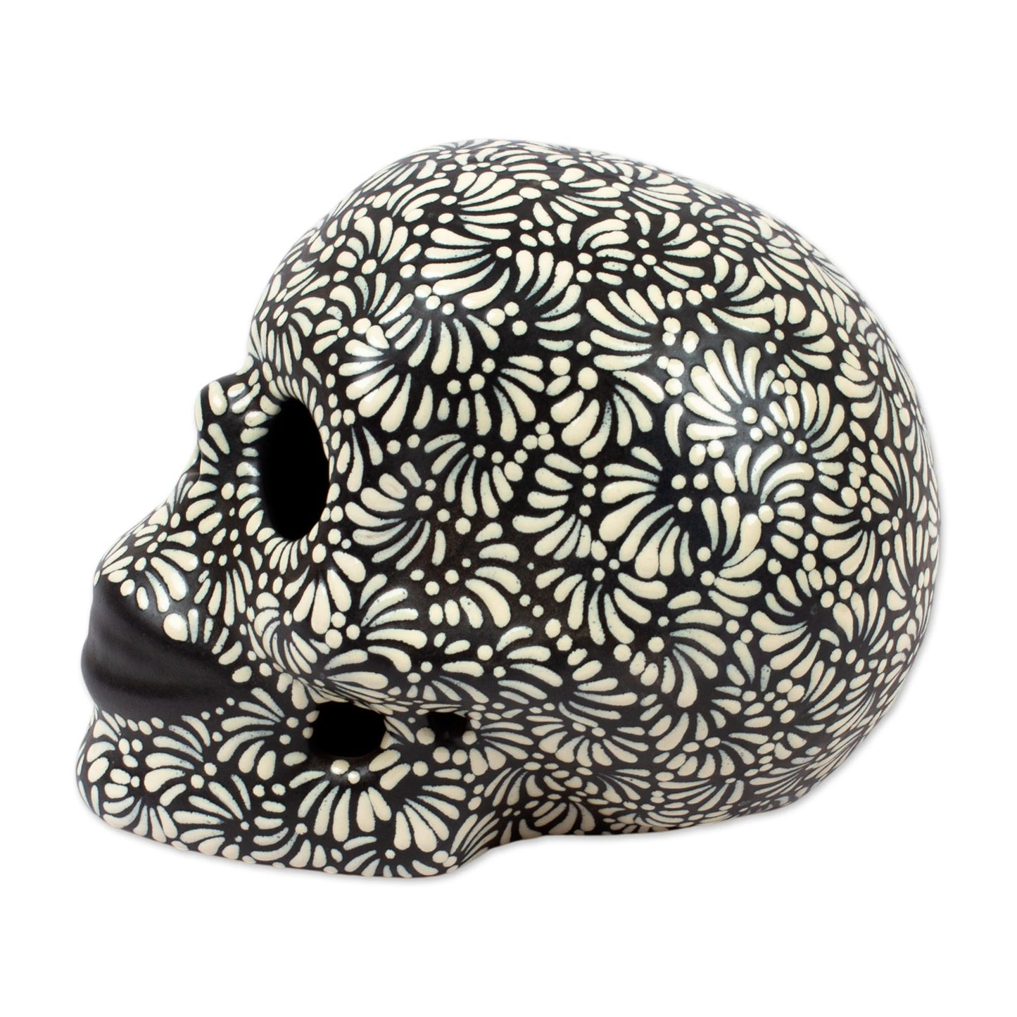 Black and Ivory Lace -  Talavera Style Ceramic Skull