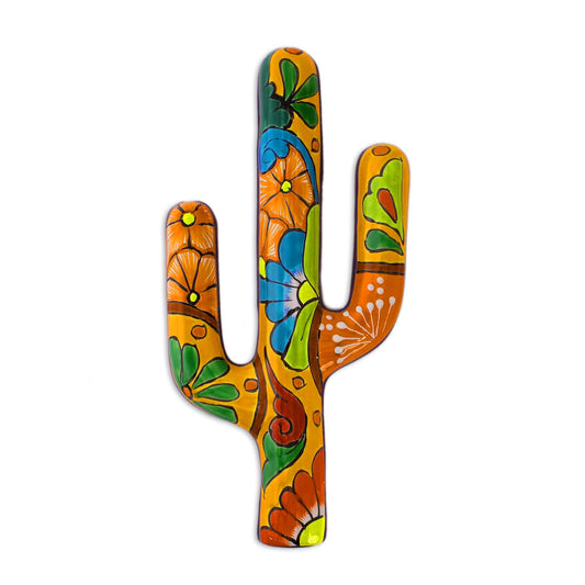 Talavera Saguaro - Floral Cactus Talavera-Style Ceramic Wall Sculpture