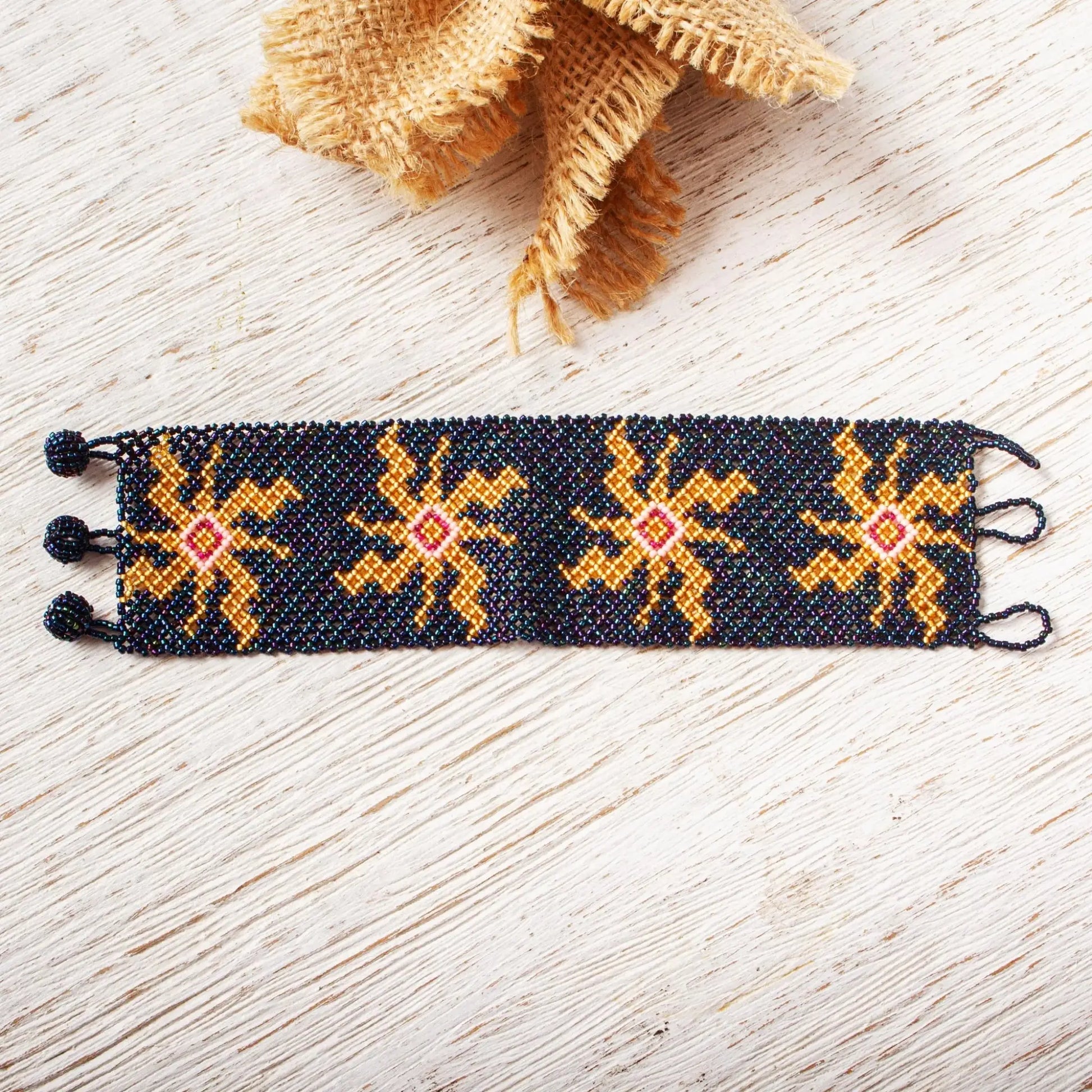 Golden Huichol Sun - beaded bracelet - Jewelry