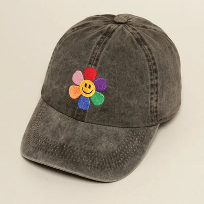 Rainbow Flower Embroidered Baseball Dad Cap - black - Hats