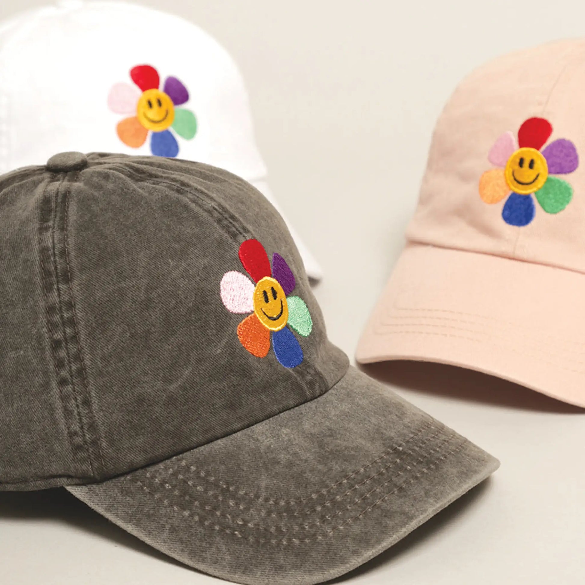 Rainbow Flower Embroidered Baseball Dad Cap - Hats