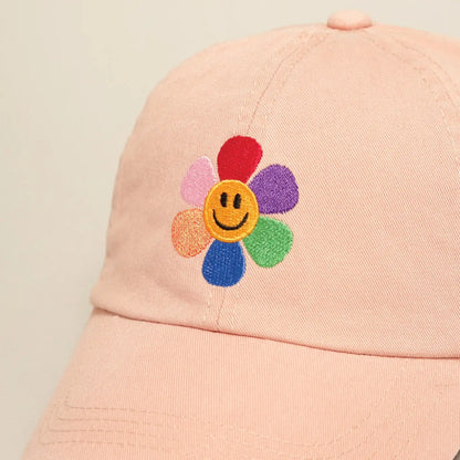 Rainbow Flower Embroidered Baseball Dad Cap - Hats