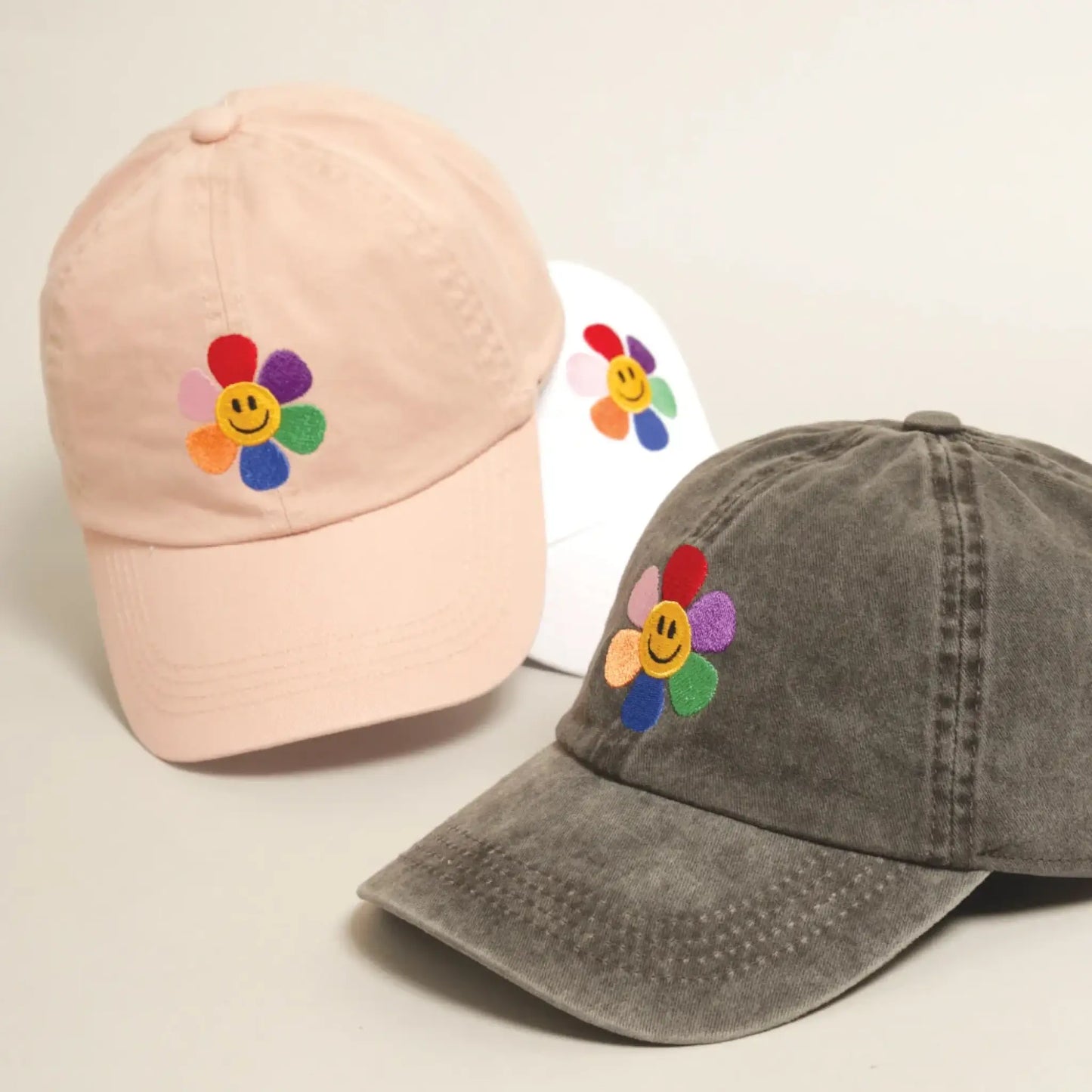 Rainbow Flower Embroidered Baseball Dad Cap - Hats