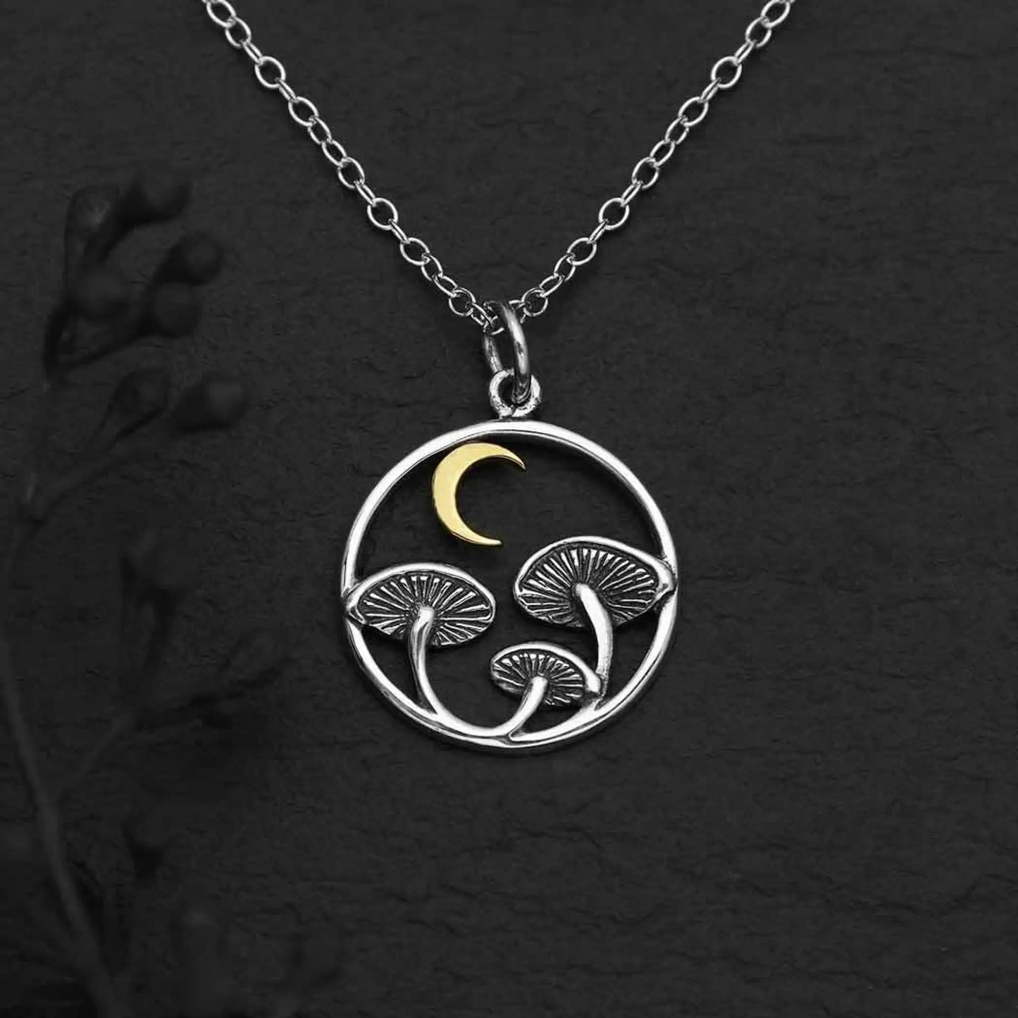 Sterling Silver 18 Inch Mushroom Necklace with Bronze Moon