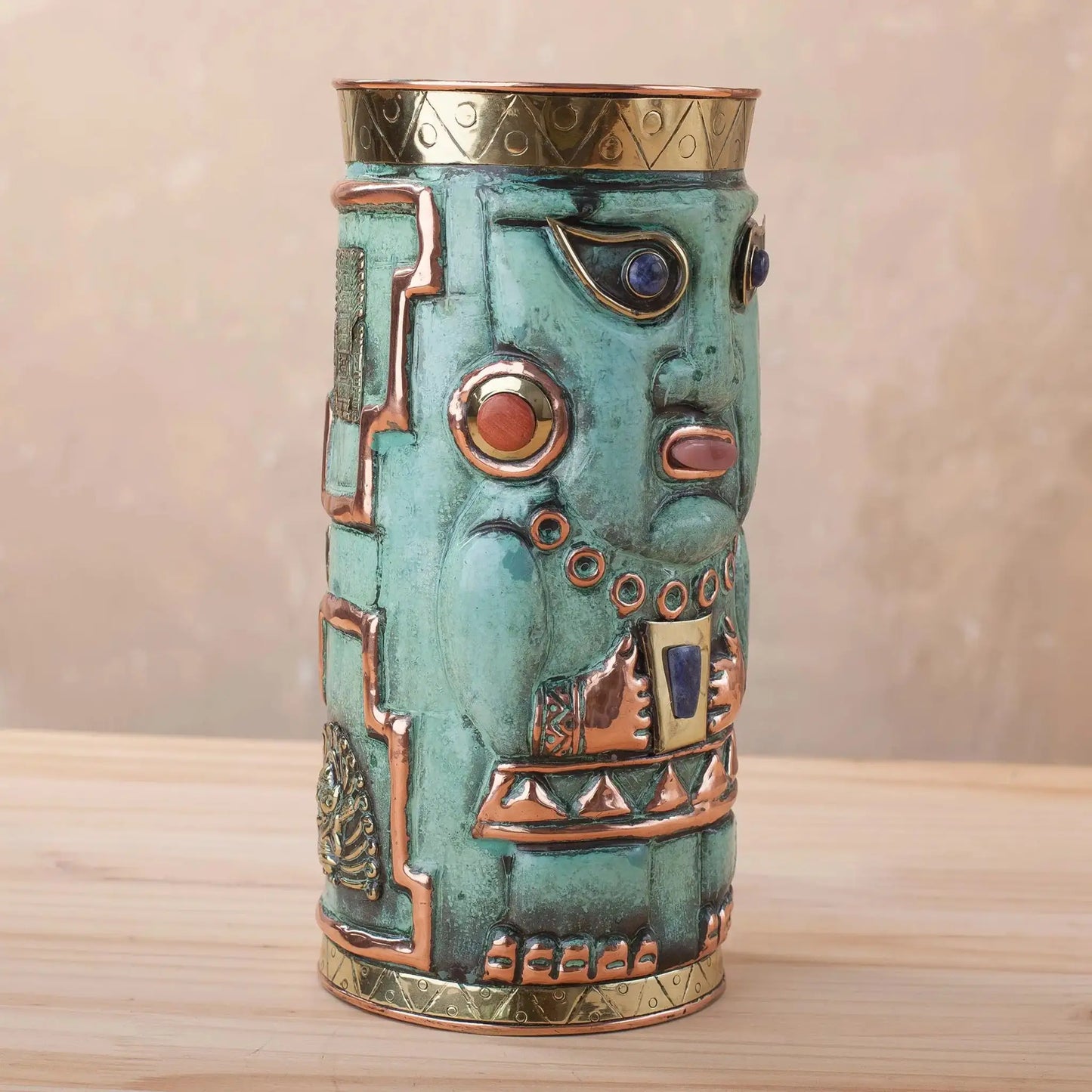 Andean Warrior - Gemstone-Accented Copper Decorative Vase -