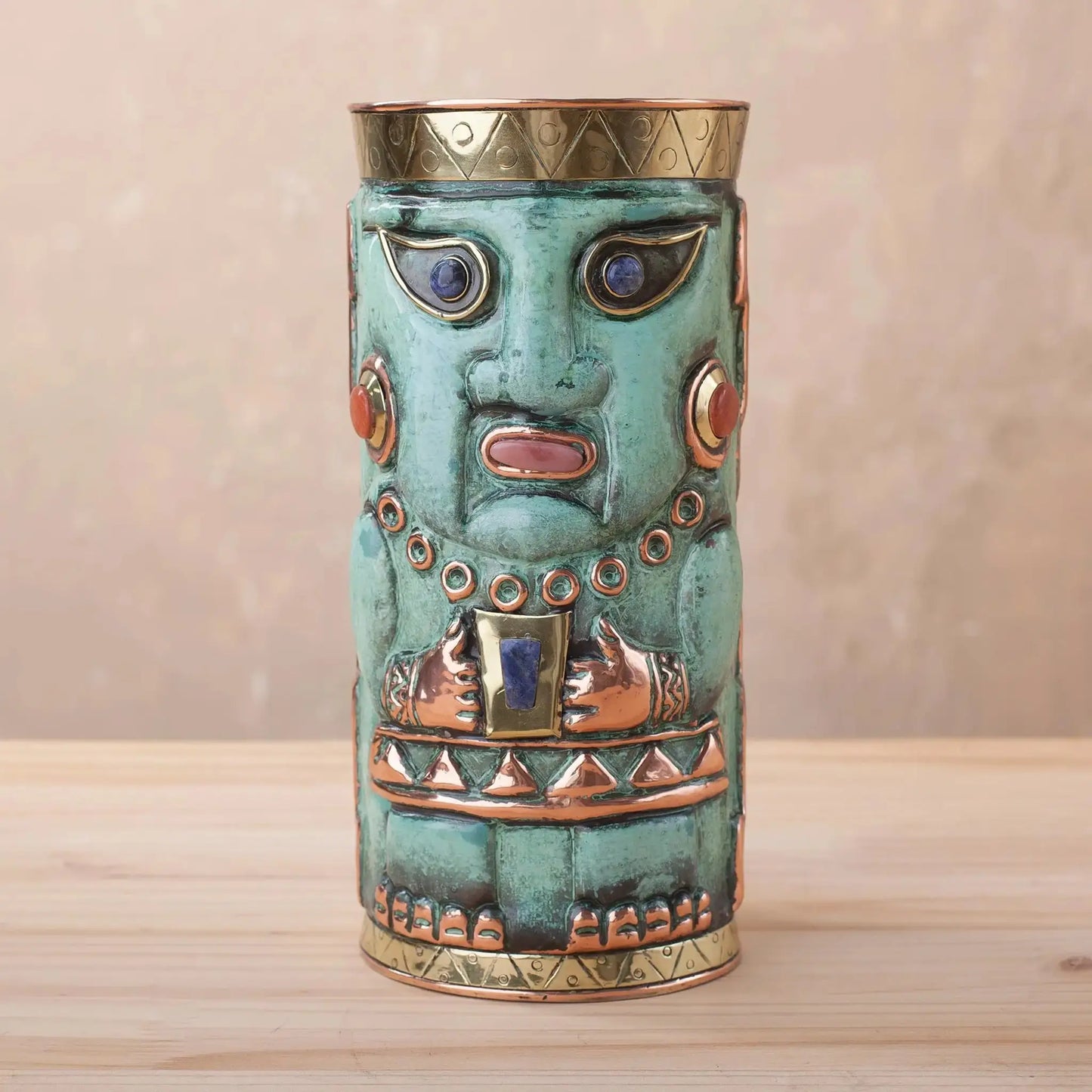 Andean Warrior - Gemstone-Accented Copper Decorative Vase -