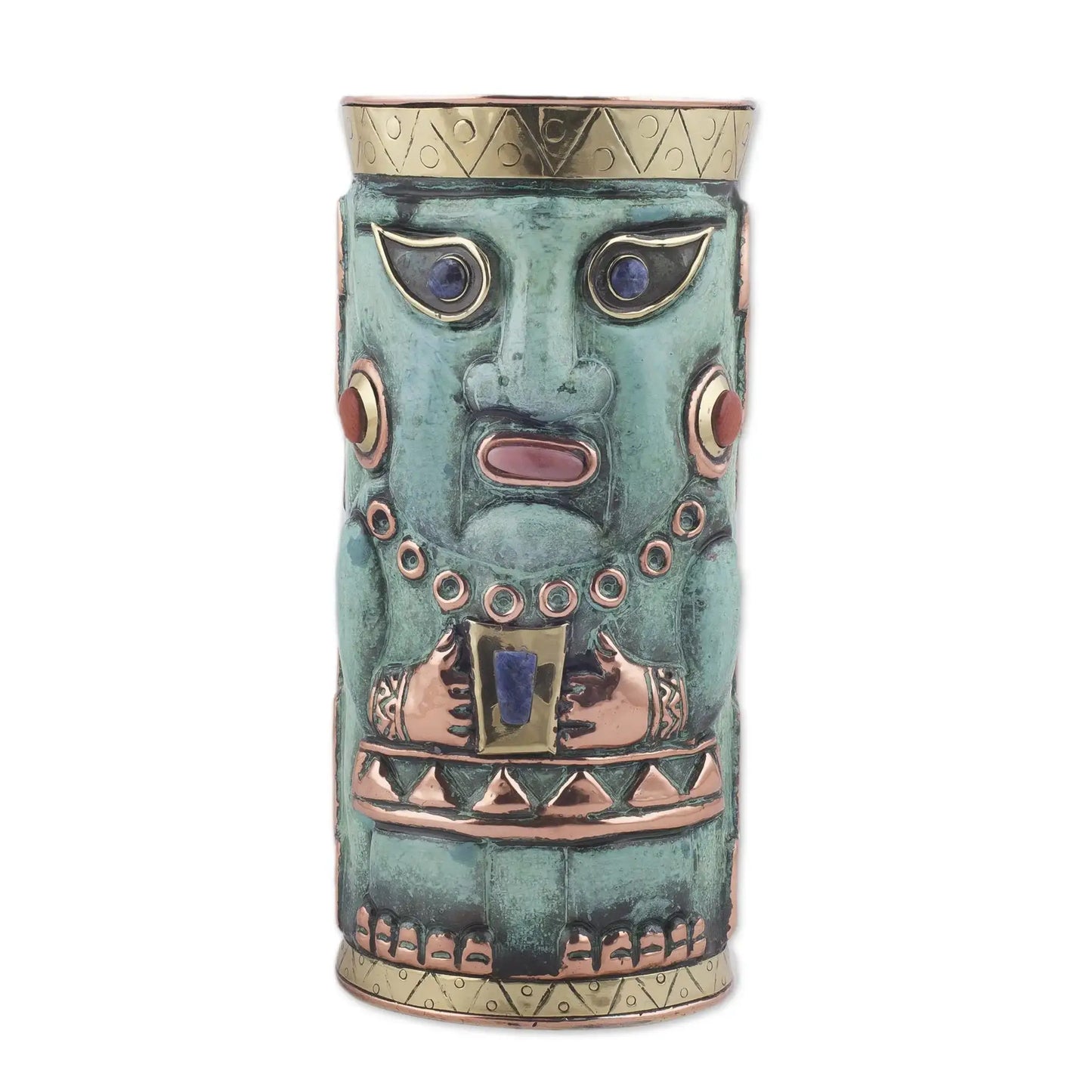 Andean Warrior - Gemstone-Accented Copper Decorative Vase -