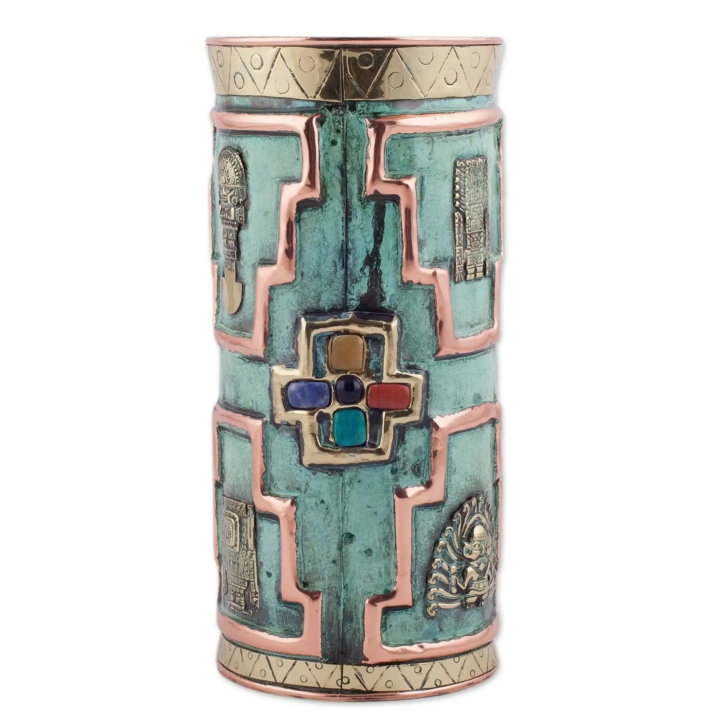 Andean Warrior - Gemstone-Accented Copper Decorative Vase -