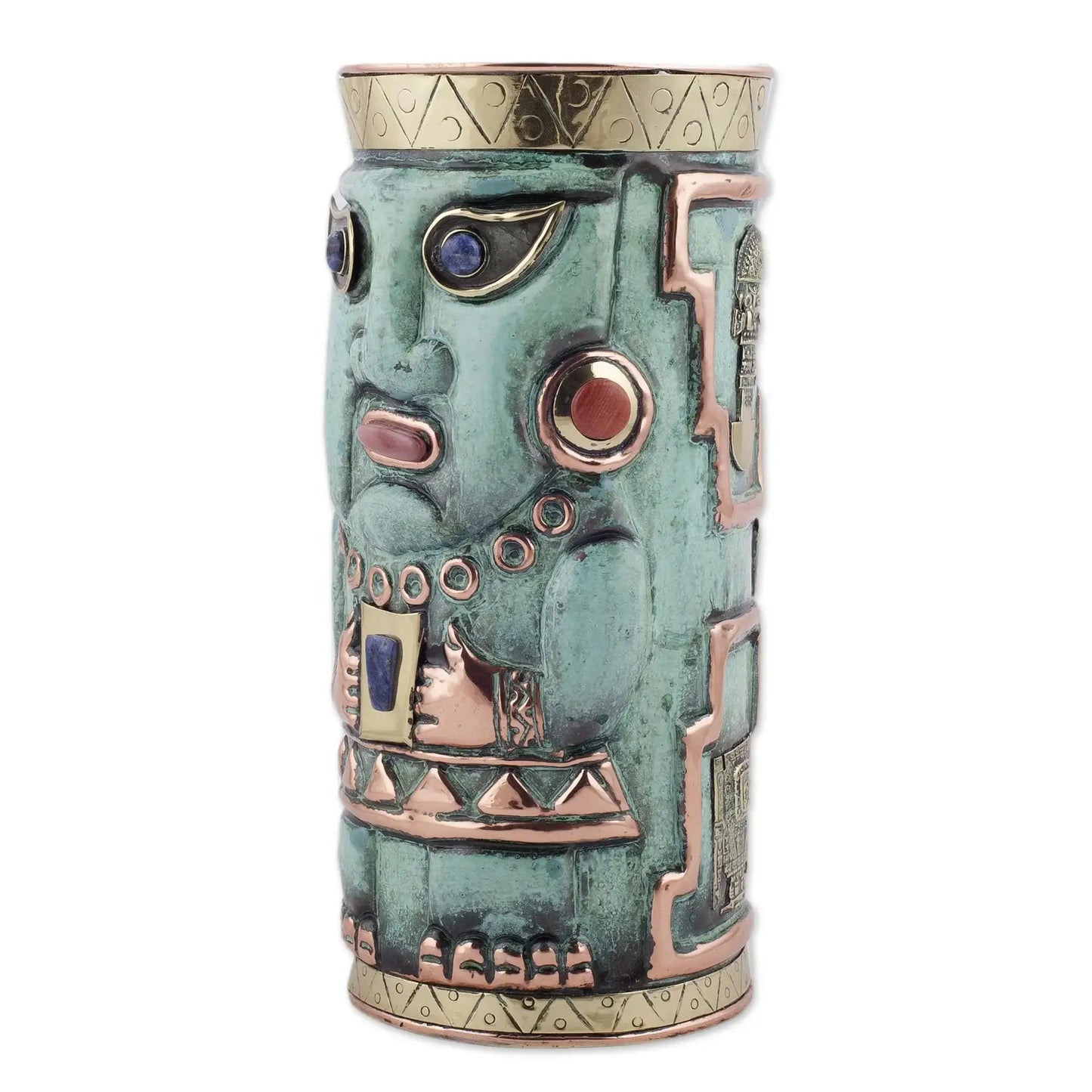 Andean Warrior - Gemstone-Accented Copper Decorative Vase -