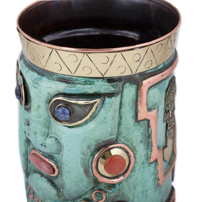 Andean Warrior - Gemstone-Accented Copper Decorative Vase -