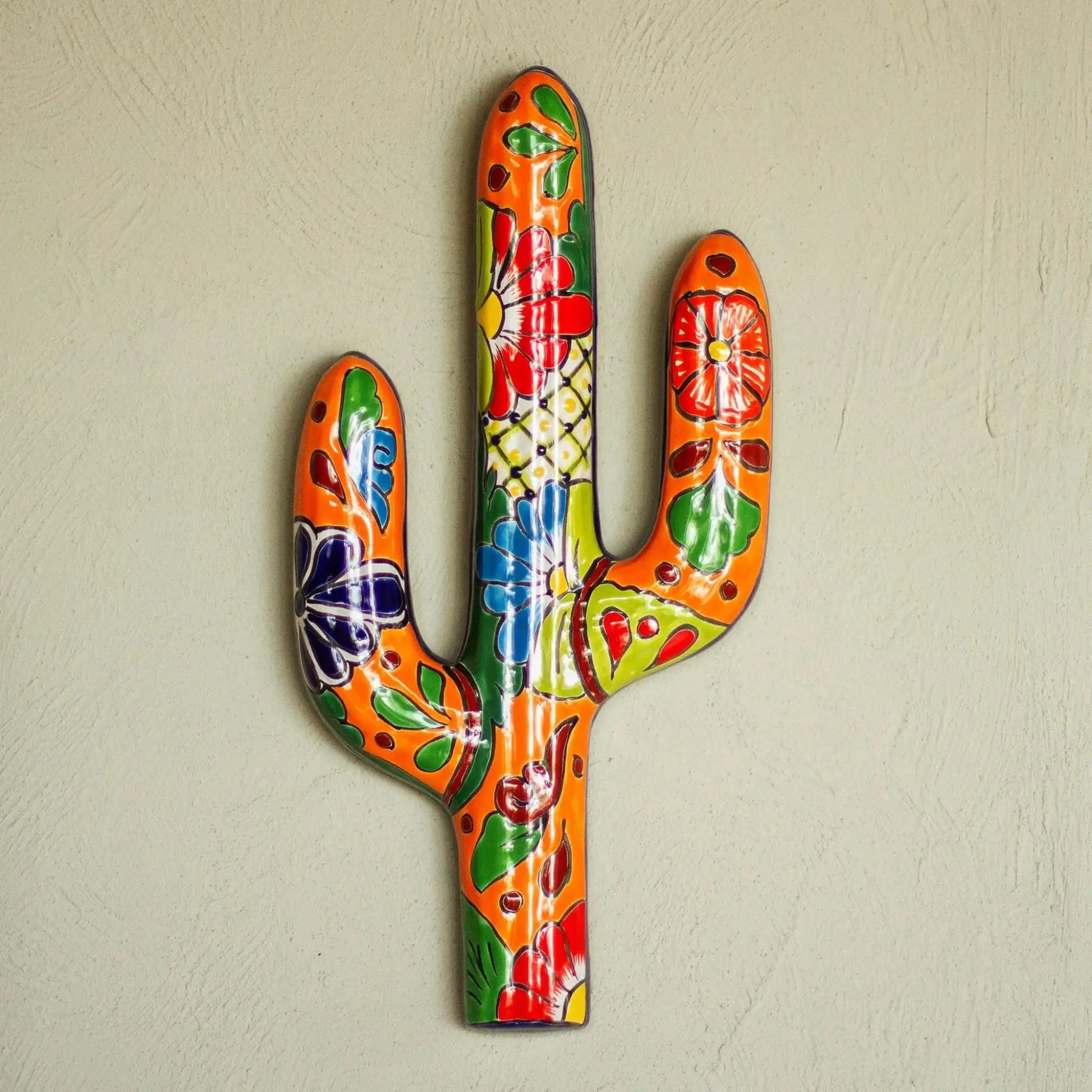Desert Saguaro - Floral Cactus Talavera-Style Ceramic Wall