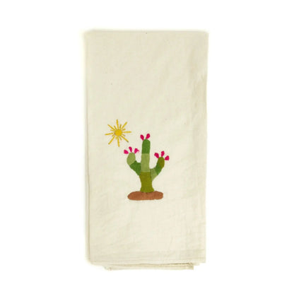 Embroidered Cactus Tea Towel - Natural