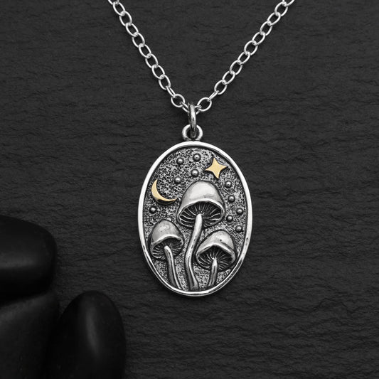 Sterling Silver 18 Inch Oval Mushroom Charm Necklace