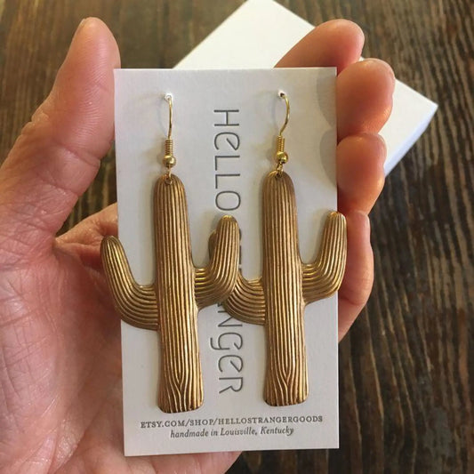 Giant Brass Cactus Earrings - Jewelry