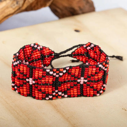 Huichol Beaded Floral Bracelet - red - Jewelry