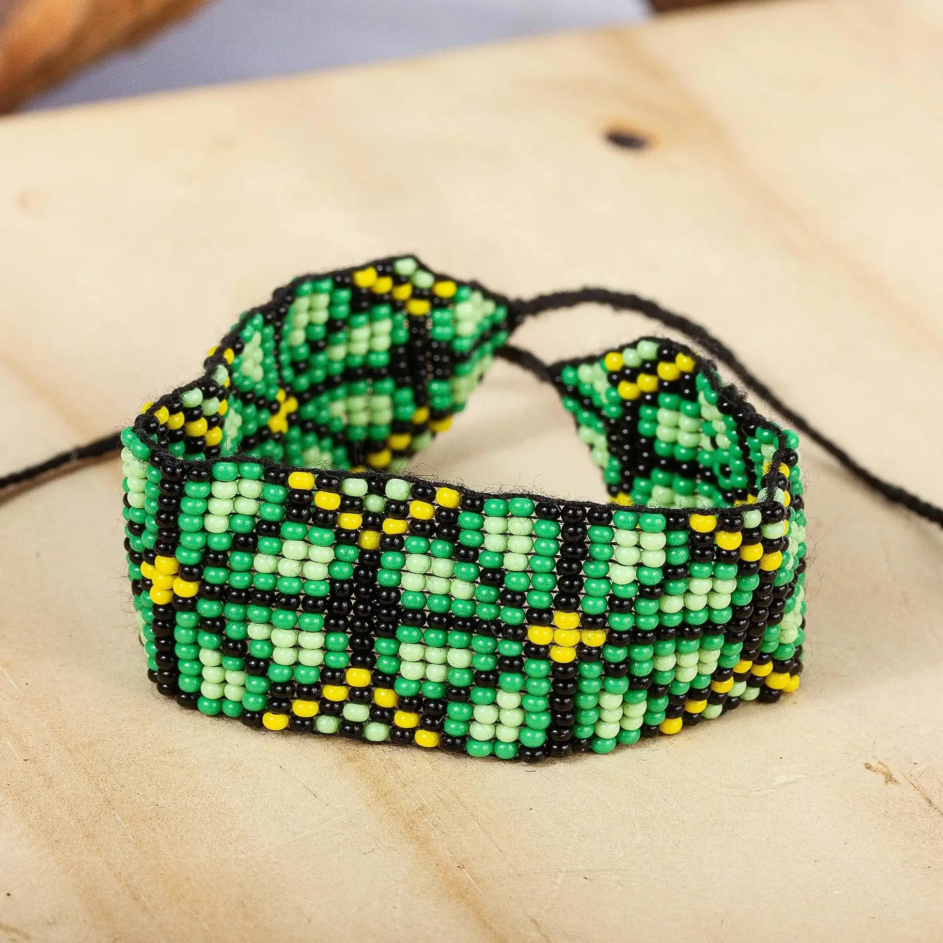 Huichol Beaded Floral Bracelet - green - Jewelry