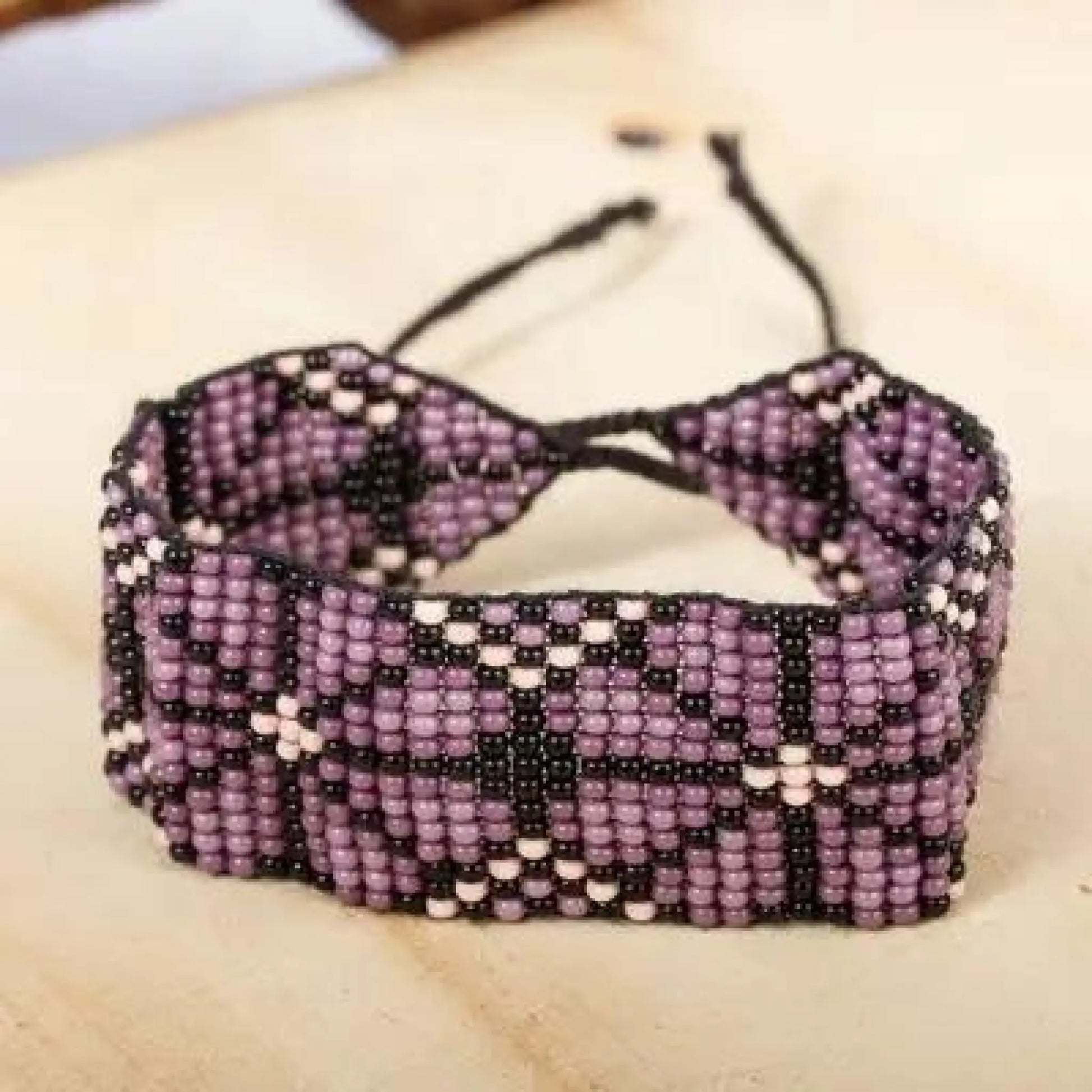 Huichol Beaded Floral Bracelet - plum - Jewelry