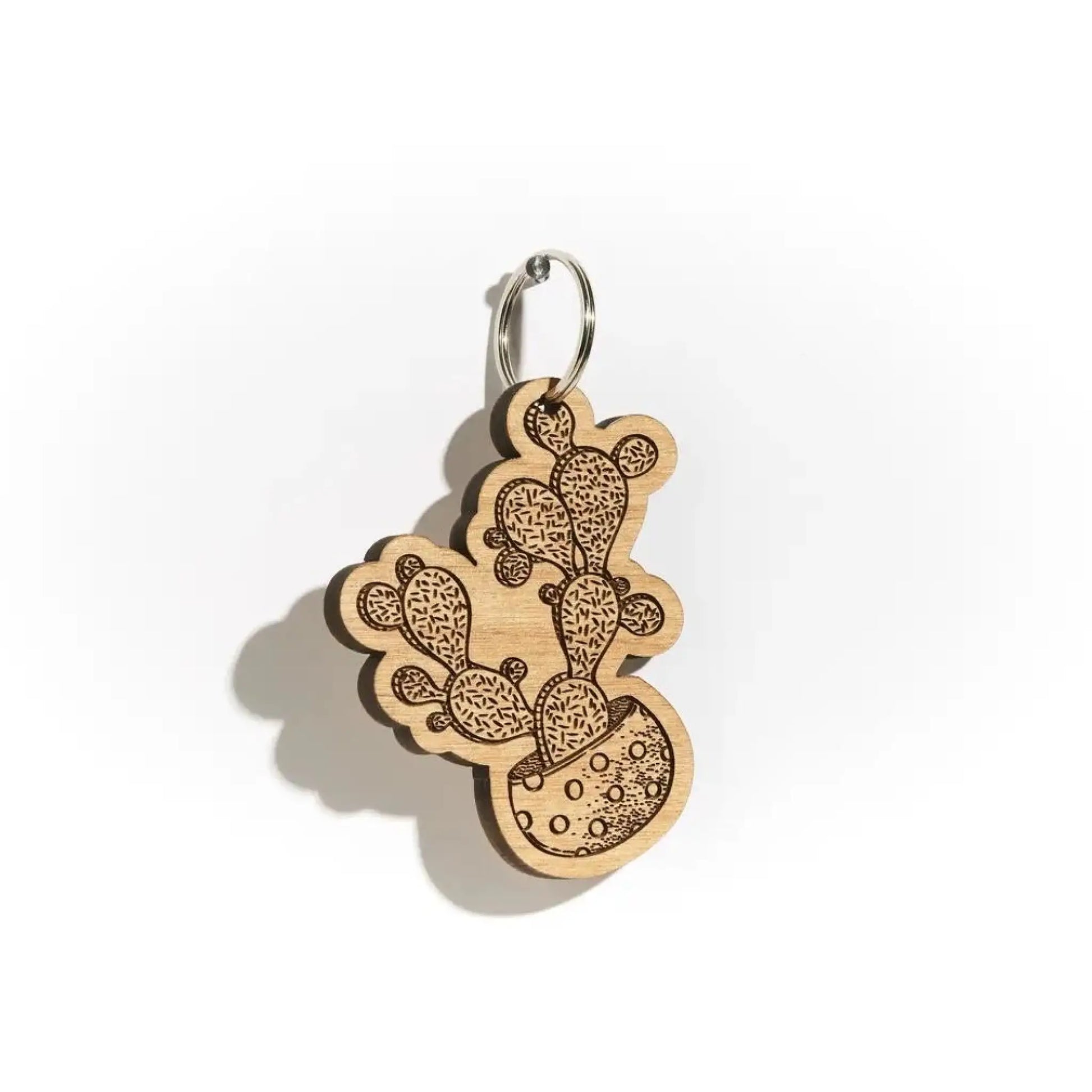 Potted Cactus Wood Keychain